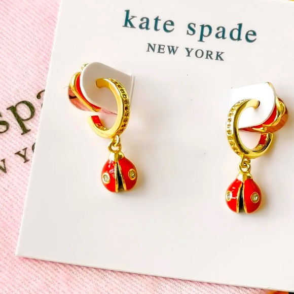 Brand New Kate Spade Nature Walk Ladybug 🐞 Huggie Earrings Gold & Red